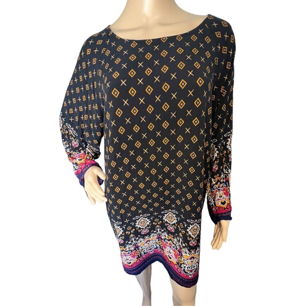 Risesun Geometric Pattern Boho Flowy 3/4 Sleeve Knee Length Dress